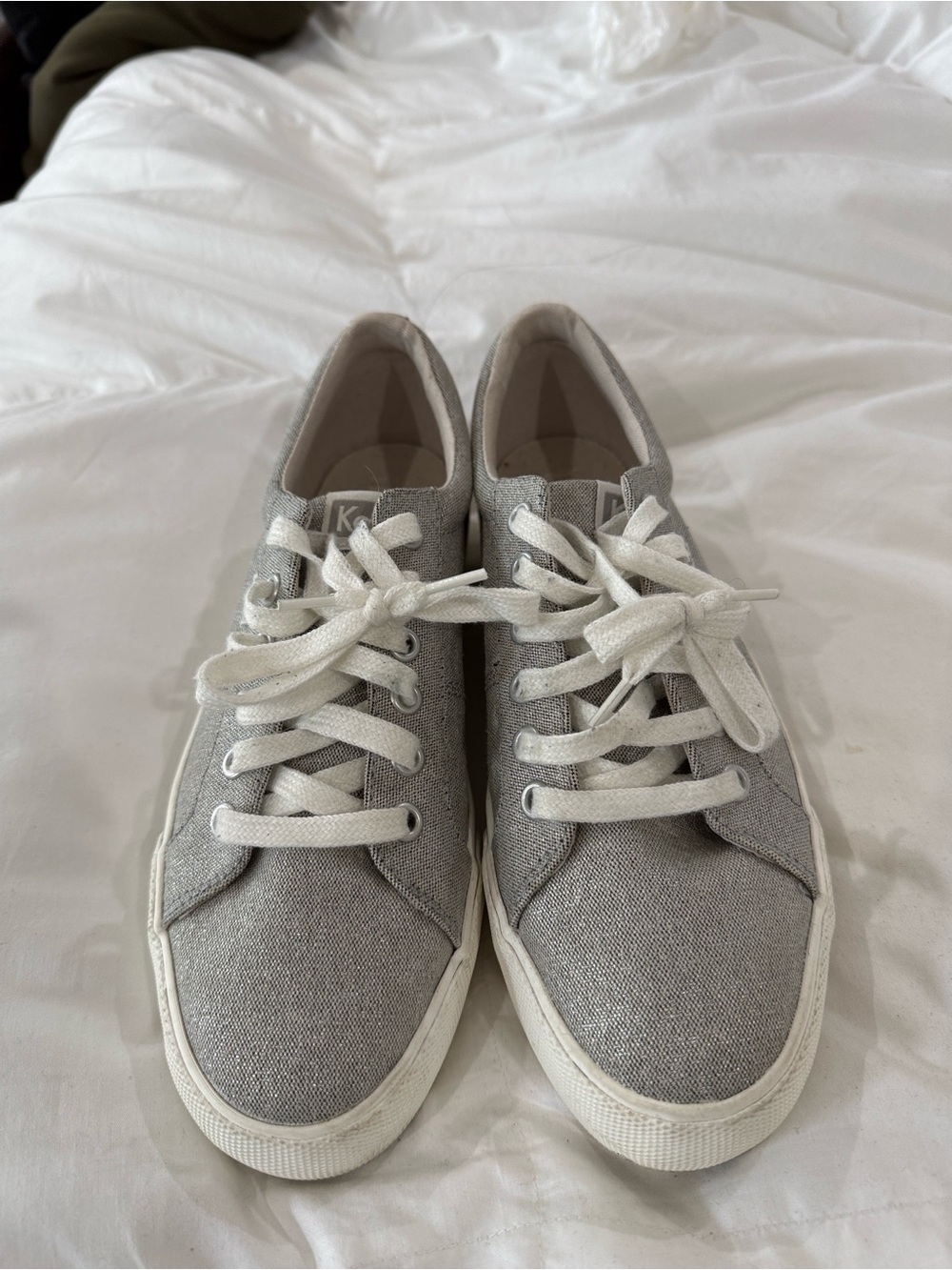 Keds Light Metallic Gray Canvas Low-Top Sneakers with White Laces. Like new!